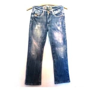 City Ink Distressed Whiskers Denim Ombre Blue Jeans